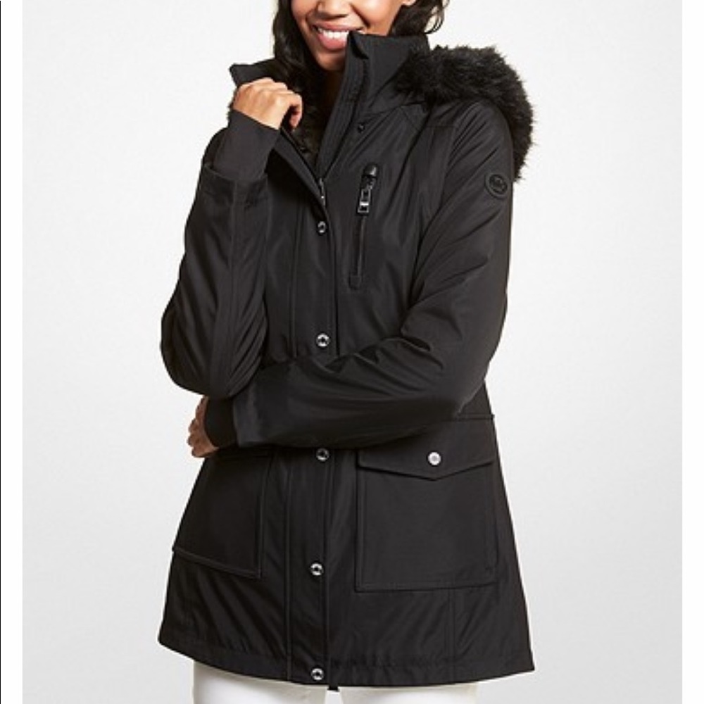 MICHAEL KORS Womens black Parka jacket size small with brown fur hood